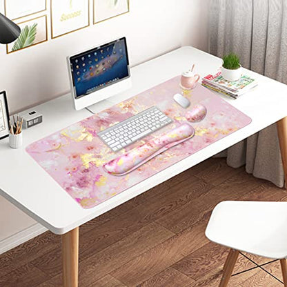 4-in-1 Large Gaming Mouse Pad, Keyboard Wrist Rest Pad & Wrist Support Mousepad Set, Extended Desk Pad Waterproof Desk Mat for Home Office Study Game-Pink Gold Marble - color: Pink Gold Marble-2