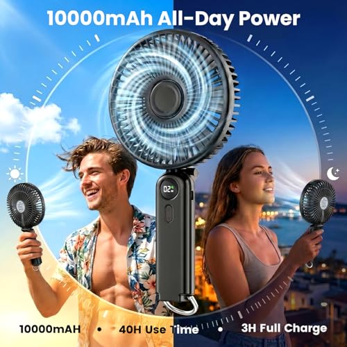 Portable Handheld Fan, 10000mAh Rechargeable 6-Inch Personal Fan for Travel | Ultra Quiet Foldable Desk Fan, 5-Speed Battery Operated Fan with Up to 40H Runtime and Digital Display for Travel and Makeup - color: Black
