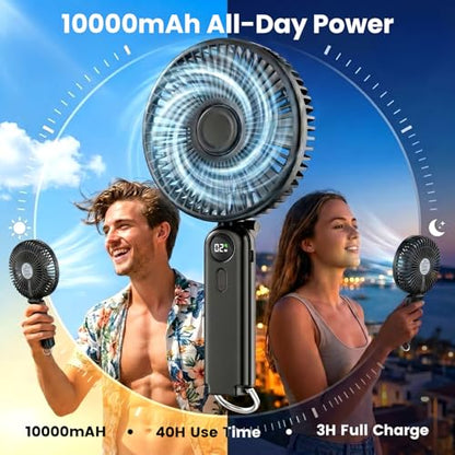 Portable Handheld Fan, 10000mAh Rechargeable 6-Inch Personal Fan for Travel | Ultra Quiet Foldable Desk Fan, 5-Speed Battery Operated Fan with Up to 40H Runtime and Digital Display for Travel and Makeup - color: Black