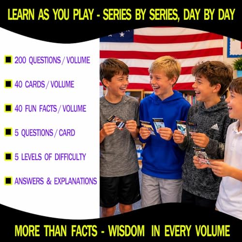 American History Trivia Game for Kids & Adults | 200 Questions, 5 Difficulty levels Beginner to Expert, Fun facts, Explanations, Premium Matte Cards, Hard Storage Box - style: American History