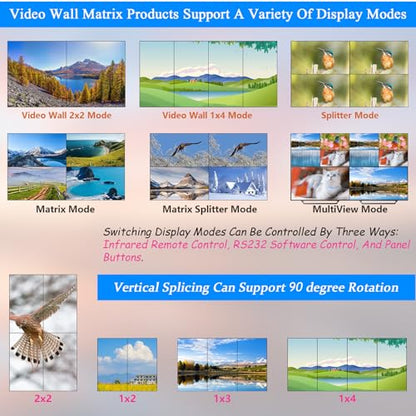 4K 4x4 Seamless HDMI Matrix Switch Video Wall Controller 4 Input 4 Output | Multi-View Display 4x4 HDMI Matrix Video Wall Processor, HDMI 2.0, 18Gbps, RS-232 and IR control，90 - 180 degrees rotation
