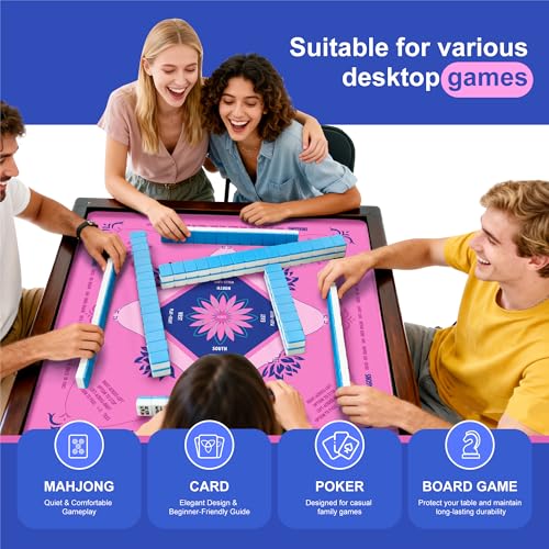 KUNTE Mahjong Mat for Table, Pink, 32x32 Inch | American Mahjong Mat with Printed Rules, Non-Slip, Quiet and Foldable, Includes Portable Tote Bag - color: Pink