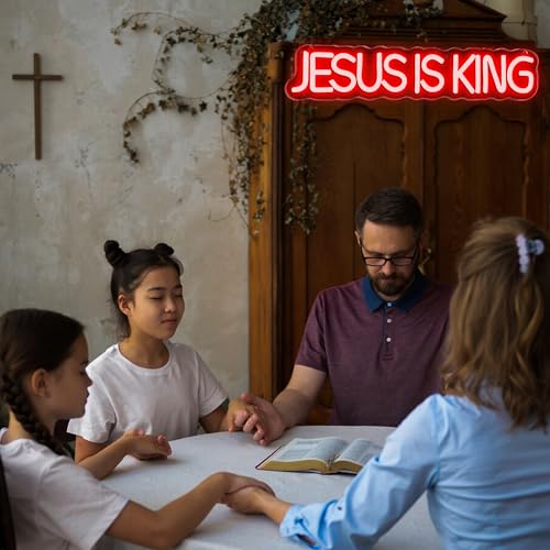 Mutank Jesus is King Neon Sign, Christian Neon Light USB Powered Dimmable LED, for Easter Church Religious Bible Verse Church God Christian Faith Based Sign Inspirational Christian Gifts(15.7*3.1 In) - color: Red+White