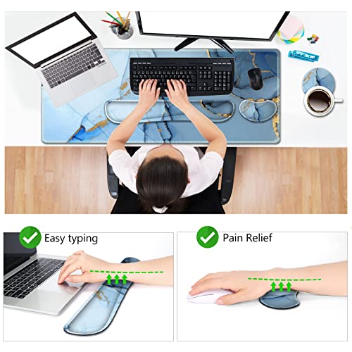 AIMSA Large Gaming Mouse Pad Set, Keyboard Wrist Rest Support Mouse Pad, Ergonomic Memory Foam Multifunctional Extended Desk Mat 35x15.7in Anti-Slip Rubber Base for Office Home, Blue Marble - color: Blue Marble