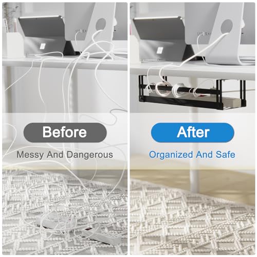 PAVSTINE 2 Pack Under Desk Cable Management Tray, 17 in | Dual Mount Adhesive & Screw, Metal Wire Basket, Holds Up To 15 Lbs, Power Strip Holder Cord Hider for Home/Office Desk - size: 17 inch Cable Tray×2 Pack