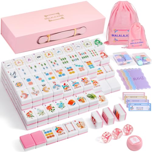 Pink American Mahjong Set, 168 Melamine Tiles | Includes 168 Mahjong tiles with 12 jokers and a gift box. Portable for game nights, weekly clubs and gifting. - color: Pink