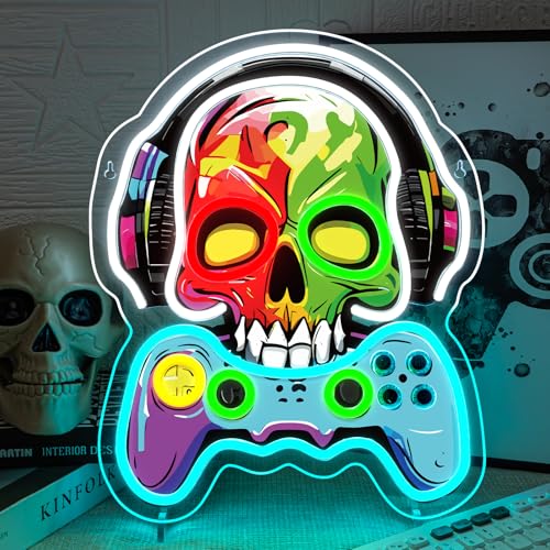 Game Neon Sign Skull Neon Signs For Wall Decor Earphones Led Lights Colorful Light Up For Game Room Boy Room Decor Bar Man Cave Club Party Decoration Gaming Boys Birthday Gifts - color: colorful-B-skull play game