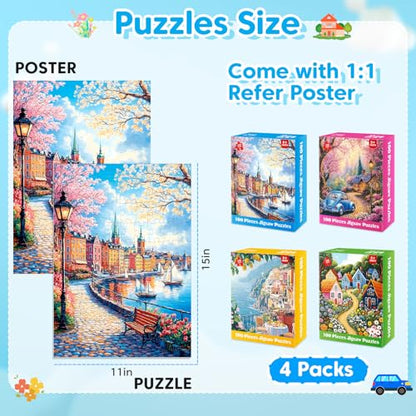 4-Pack 100 Piece Puzzle for Seniors Family Puzzles for Kids Adults | City & Country View - Large Piece Puzzles for Kids Ages 4-6 6-8 8-10 Learning Educational Toys for Boys and Girls - style: City & Country View