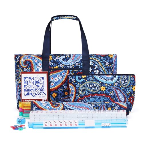 American Mahjong Tile Set with Navy Printed Carrying Bag, 166 Premium White Tiles, 4 All-in-One Color Racks/Pushers, Mah Jongg Sets, Complete Mahjong Game Set for Travel - color: Navy Print