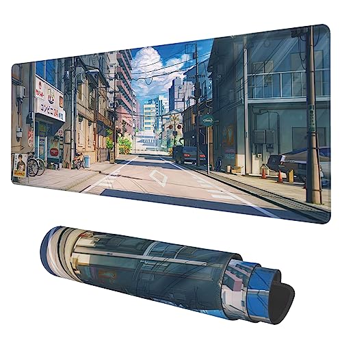 Desk Mat, Anime Summer Street Scenery Extended Gaming Mouse Pad Large, 31.5"x11.8" Big Mouse Pad with Non-Slip Base and Stitched Edge, Long Computer Keyboard Mouse Mat for Home Office Work - color: Anime Summer Street Scenery, size: 11.8" x 31.5"