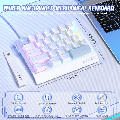 A.JAZZ AK029 Wired 29 Keys One-Handed RGB Gaming Keyboard with 8000HZ,0.01mm RT Magnetic Switches Adjustable Actuation,Hotswappable Mechanical Keyboard,Aluminum Plate,Web Driver for Gamers-White - color: White