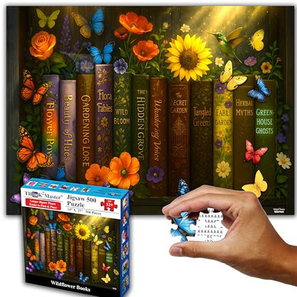 Think2Master Enchanted Library 500 Pieces Very Large Pieces Jigsaw Puzzle: 13+ Adults & Seniors. Magical Bookshelf with Butterflies & Flowers Botanical Garden. Great Gift. Size: 26.8” X 18.9” - style: Enchanted Library