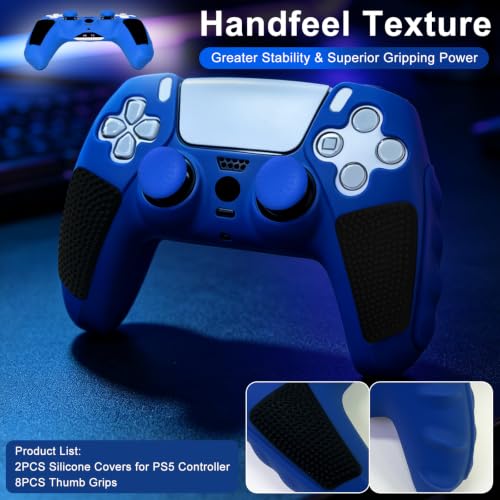 2 Pack Blue Anti-Slip PS5 Controller Skin,Soft Thicken Studded Protective Silicone Cover Skin Grips Compatible with PS5/Slim/Pro Controller and 8 PCS Thumb Grips Caps. (2 Pack Blue) - color: 2 Pack Blue