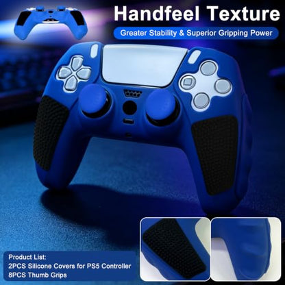 2 Pack Blue Anti-Slip PS5 Controller Skin,Soft Thicken Studded Protective Silicone Cover Skin Grips Compatible with PS5/Slim/Pro Controller and 8 PCS Thumb Grips Caps. (2 Pack Blue) - color: 2 Pack Blue