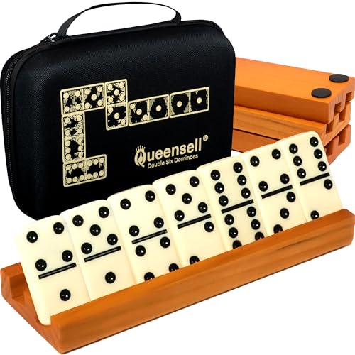 Queensell Dominos Set for Adults with 4 Domino Racks - Double 6 Dominoes Set with Domino Holder, Classic Board Games for Kids and Adults - Double Six Standard Dominos Set 28 Tiles with Travel Case - style: D6 + 4 Holders