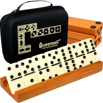 Queensell Dominos Set for Adults with 4 Domino Racks - Double 6 Dominoes Set with Domino Holder, Classic Board Games for Kids and Adults - Double Six Standard Dominos Set 28 Tiles with Travel Case - style: D6 + 4 Holders