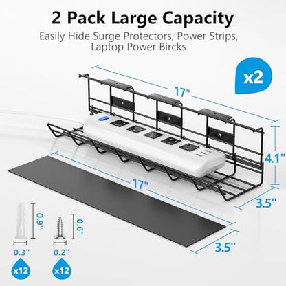 2 Pack DELAMU Under Desk Cable Management Tray, Metal Cord Cable Organizer for Desk, Easy Install Pre-drilled Wire Management Wire Organizer for Office & Home