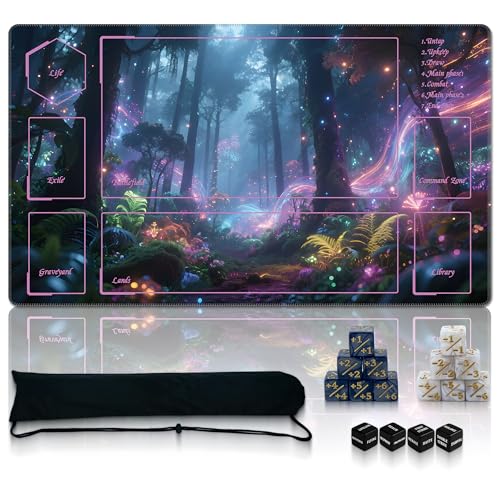 Ultimate TCG Battle Set: 24"x14" Stitched Fantasy Playmat, 16 Dice & Carry Bag – Non-Slip 2mm Rubber Card Game Mat for Trading Card Games (Style 1, playmat with Zones) - color: Style 1, size: CLASSIC SERIES