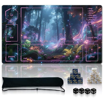 Ultimate TCG Battle Set: 24"x14" Stitched Fantasy Playmat, 16 Dice & Carry Bag – Non-Slip 2mm Rubber Card Game Mat for Trading Card Games (Style 1, playmat with Zones) - color: Style 1, size: CLASSIC SERIES