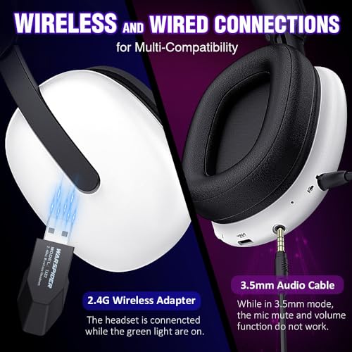 WolfLawS TA82 Wireless Gaming Headset with Detachable Noise Canceling Microphone for PS5 PS4 PC, 2.4GHz USB Gamer Headphones with 7.1 Surround Sound, Memory Foam Ear Pads - White