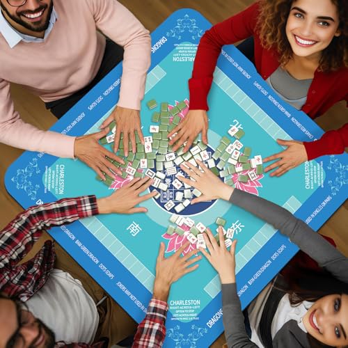 Mahjong Mat 31.5" x 31.5" Mahjong Table Mat with Rules Anti Slip Noise Reduction Lotus Flower Gaming Tablecloth for Poker, Card, Board Tile Games Mah Jongg Table Cover with Carrying Bag (Blue) - style: Blue Flower