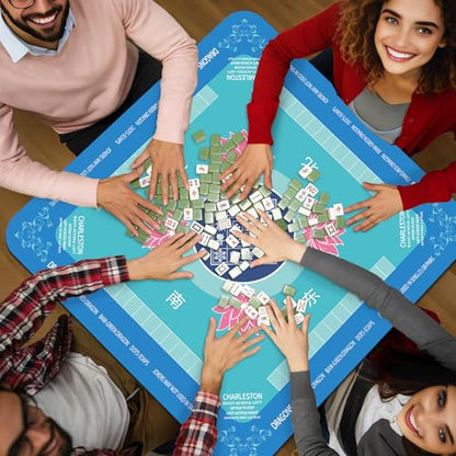 Mahjong Mat 31.5" x 31.5" Mahjong Table Mat with Rules Anti Slip Noise Reduction Lotus Flower Gaming Tablecloth for Poker, Card, Board Tile Games Mah Jongg Table Cover with Carrying Bag (Blue) - style: Blue Flower