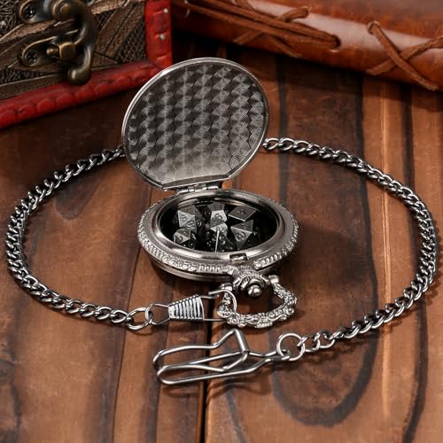 Mini DND Dice Set with Steampunk Dragon Pocket Watch Case, Tiny 7-Piece Polyhedral Metal D&D Dice, DND Gifts with Gift Box for DND Lovers, Role Playing Game Board Game Accessories Dice, Dark Silver - color: Dark Silver