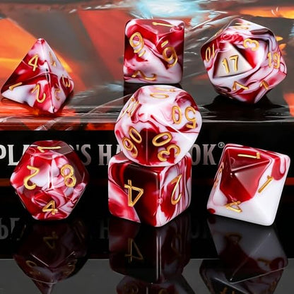 QMAY DND Dice Set -D&D Polyhedral Dice (7 Pcs) for Dungeons and Dragons (Blood red and White) - color: Blood Red and White
