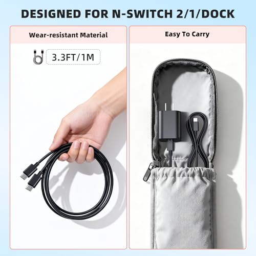 Switch 2 Charger with 3.3FT(1M) Charging Cable - 60W AC Power Adapter Support 4K TV Dock Mode, Power Supply 20V/3A Fast Cord for Switch/OLED/Lite&Steam Deck/Xbox 360 Console - Original Quality(3.3FT) - size: 3.3FT