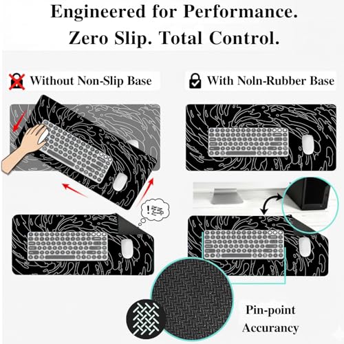 Gaming Mouse Pad L (31.5x11.8in) - Black Abstract Line Art Waves, Dark Japanese Doodle Design - Desk Mat for Gamers - color: Black Ink Waves, size: 11.8x31.5''