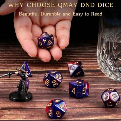 QMAY DND Dice Set - Polyhedral Dice (Blue Mix Purple Nebula) 7 Pcs for Dungeon and Dragons D&D RPG Role Playing Games Dice with Dice Bag - color: Blue Purple Nebula
