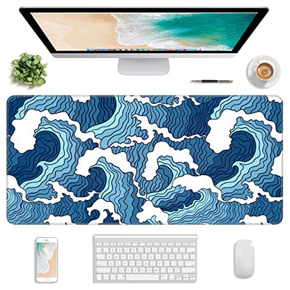 Extended Gaming Mouse Pad, Japanese Blue White Wave Mousepad, XL Large Mouse Mat Desk Pad 30 x 14 Inch, Waterproof Anime Mouse Pad with Stitched Edges and Non-Slip Base for Office Gaming - color: Blue White Wave