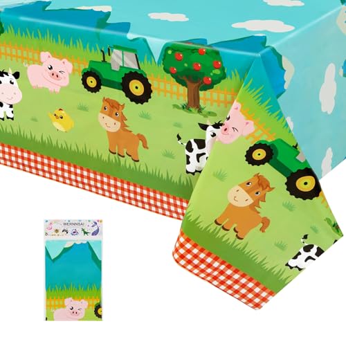 WERNNSAI Farm Animal Tablecloth - 1 Pack 108"x54" Barnyard Table Cloth | Farmhouse Theme Birthday Party Decoration, Disposable Plastic Table Cover for Picnics Baby Shower - color: Green Farm