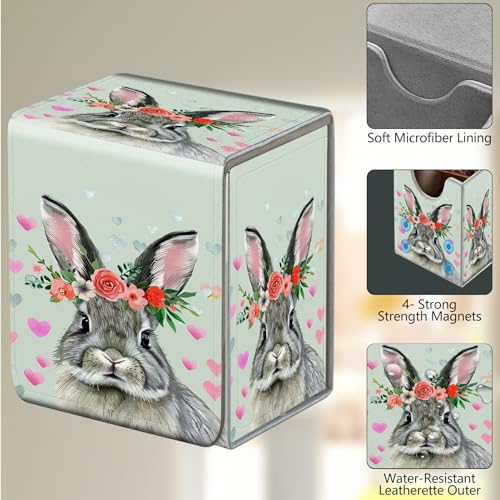 Card Deck Box, Card Storage Box Fits 100+ Single Sleeved Cards, Large Capacity PU Leather Card Storage Box with Strong Magnet for Magic Commander TCG CCG, Cute Gray Rabbit - color: Cute Gray Rabbit