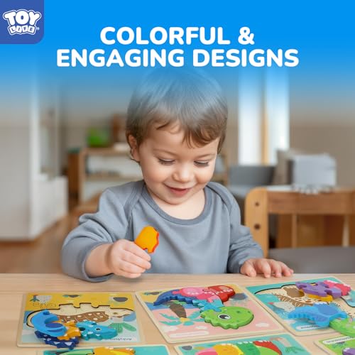 TOY Life 6-Pack Wooden Dinosaur Puzzles for Kids Ages 3-5 | Six colorful designs, easy-grip pieces, fine-motor practice, quiet travel activity, birthday gift - style: 6 Pack
