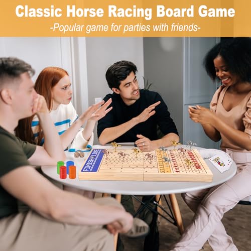 Horse Race Board Game, Foldable Wood Race Board, Race Horse Game | 21 In Horse Race Board with 11 Metal Horses 2 Dice 2 Decks of Cards and 120 Chips for Friends Adults Family Party Game Night