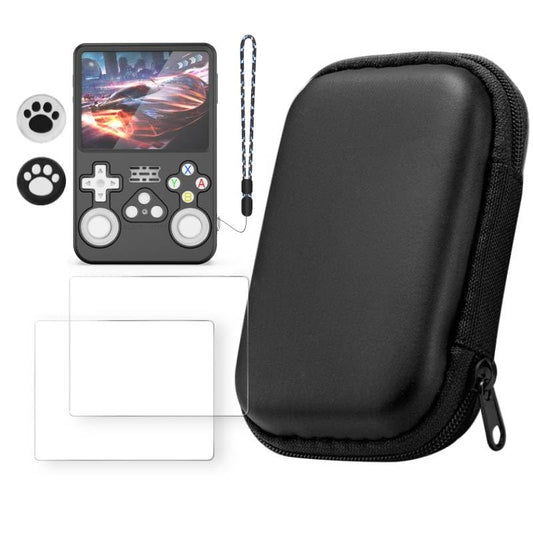 Carrying Case for R36S with 2 Tempered Glass Protective Film + Silicone Protective Cover + 2 Keycaps, Full Body Protection Shockproof EVA Handheld Game Console Case Travel Storage Bag (Black) - color: Black