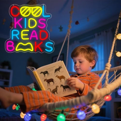 Cool Kids Read Books Neon Sign,Classroom Neon Sign Gift for Kids Teens,Reading LED Light Wall Decor for Library Reading Corner Bedroom Book Themed Party Decorations Study Room USB Powered（12.2"*12.1"） - style: Book