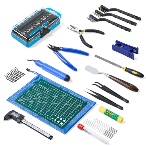 45 Pcs 3D Printer Tool Kit, Cleaning, Finishing, Measuring, Support Removal | Includes Deburring Tool, Digital Caliper, Carving knife, Wire Cutter, Cutting Mat, Brushes, Storage Bag, and more