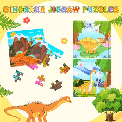 SANNIX 12 Pack Dinosaur Wooden Jigsaw Puzzles with Organize Bags, Dinosaurs | Animals Toddlers Puzzles for Kids Ages 3 4 5, Party Favors Educational Learning Travel Toys for Boys Girls - style: Dinosaurs