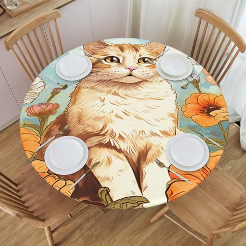 Famame Orange Cat with Flowers Fitted Round Tablecloth Waterproof Table Cloth with Elastic Edge Wipe Clean Table Cover for Indoor Outdoor Fits 45"-50", Medium - color: Orange Cat Flowers, size: 2" (Round)