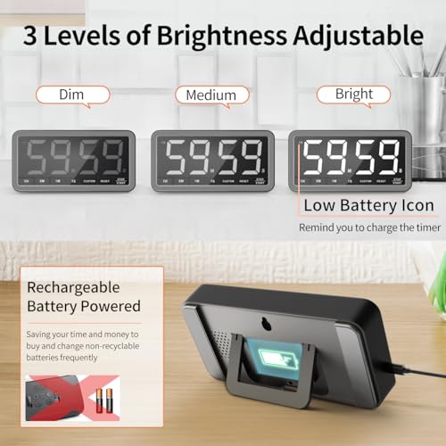 Large 7.8" Digital Timer, Magnetic LED Timer for Kitchen & Classroom | USB-C Rechargeable, Up to 99 Hours Count Up & Countdown Timer with 3 Brightness Levels, 4 Alert Modes and 3 Volume Levels - color: Space Grey
