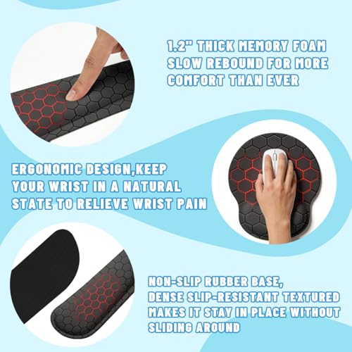 Red Hexagon Desk Mat Set Dark Gaming Tech Grid Mouse Pad with Wrist Rest 4in1 Desk Mat for Desktop Ergonomic Keyboard Wrist Support Anti-Slip Computer Ergonomic Mouse Pad Home Office Gaming - color: Red Hexagon