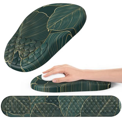 Ergonomic Mouse Pad and Keyboard Wrist Rest with Massage Design, Space-Saving Mouse Pad Wrist Support, Memory Foam Wrist Rest with Non-Slip PU Base for Computer Desk, Green Leaves - color: Massage02-green Leaves