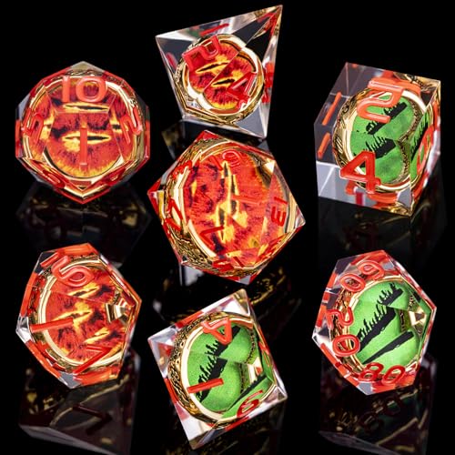 Magic Golden Ring DND Dice Set Sharp Edge Red Gaze Eye Resin Dice with Box, for use with RPG D&D Tabletop Games Lord D and D Polyhedral Dice Set - color: Ring -Eye-red Numbers