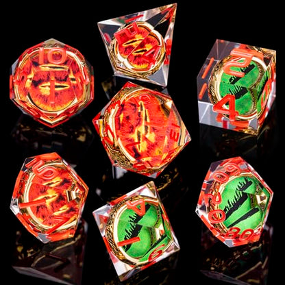 Magic Golden Ring DND Dice Set Sharp Edge Red Gaze Eye Resin Dice with Box, for use with RPG D&D Tabletop Games Lord D and D Polyhedral Dice Set - color: Ring -Eye-red Numbers