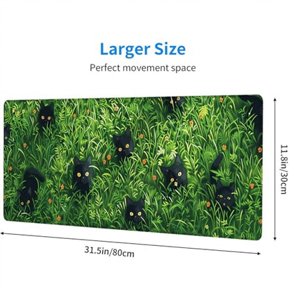 Cute Cat Desk Pad Mouse Pad Green Plant Kawaii Black Cat Flower Large Gaming Mouse Mat with Stitched Edges,Non-Slip Waterproof Rubber Base Mous Mat 31.5"x11.8" Office Computer Keyboard Laptop Home - color: Cute Cat_003, size: 11.8" x 31.5"