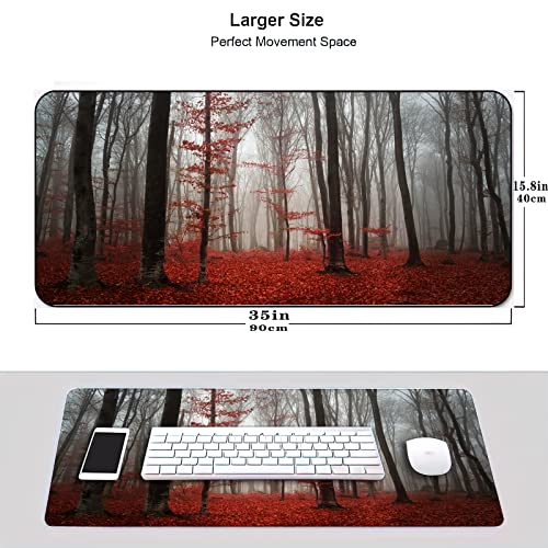 Desk Mat,Beautiful Autumn Foggy Forest Gaming Mouse Pad,XXL Extended Mouse Pad Mat for Office,Computer,Keyboard with Non-Slip Base Stitched Eges Mousepad 35''×15.7''×0.12'' - color: Beautiful Autumn Foggy Forest