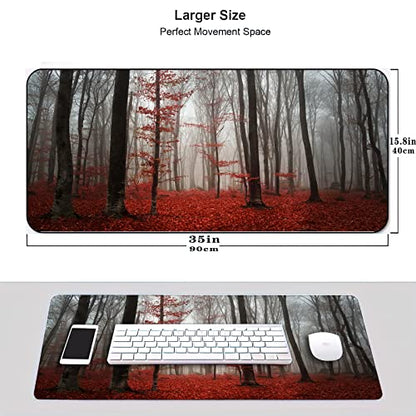 Desk Mat,Beautiful Autumn Foggy Forest Gaming Mouse Pad,XXL Extended Mouse Pad Mat for Office,Computer,Keyboard with Non-Slip Base Stitched Eges Mousepad 35''×15.7''×0.12'' - color: Beautiful Autumn Foggy Forest