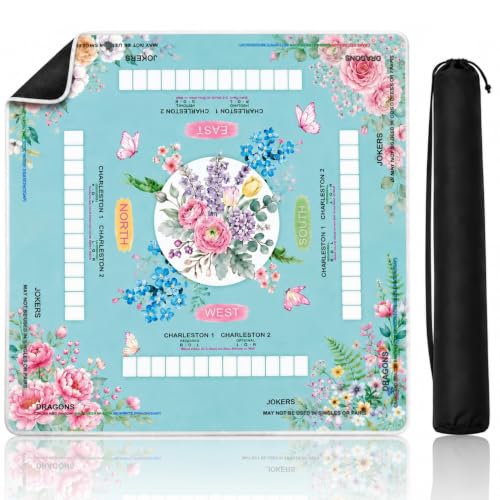 Blue Mahjong Mat for Table with Rules, 31.5" x 31.5", Anti-Slip | Neoprene Rubber Game Mat with Carrying Bag; Chinoiserie Mah Jong Table Cover for Board, Poker, Card Games and Gifts for Women - color: Blue
